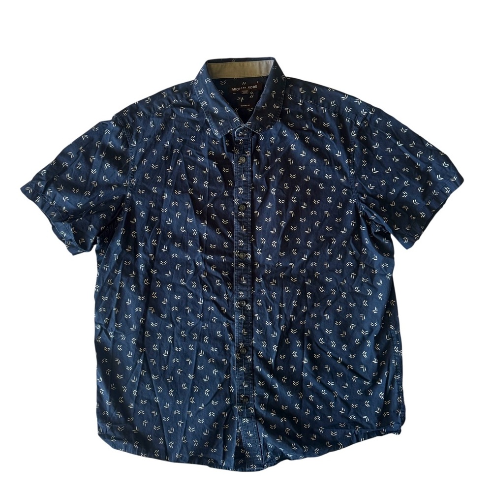 Michael Kors Men's Short Sleeve Button-Up Shirt Navy Blue Size Large